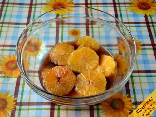 5) Апельсины положить в соус, перемешать, чтобы они были им покрыты, и полчаса подержать в холодильнике для пропитки.