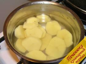 1) Картофель очистить, порезать и отварить в подсоленной воде. Не забудьте добавить лук, это сделает его вкус более насыщенным.