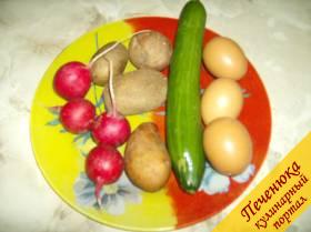 Основными ингредиентами для окрошки являются картофель, яйца, огурец, редис, мясо. Пропорции 1:1:1:1:1. Приготовить можно на квасе, кефире, молочной сыворотке. По желанию - вся зелень и специи.