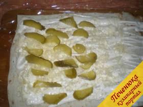 1) На лист бутербродного лаваша необходимо намазать майонез, сверху потереть твердый соленый сыр, а на него выложить маринованный огурчик, порезанный полукольцами.