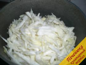 3) В чугунок налить немного растительного масла и в нем стушить капусту. В конце тушения – посолить. Готовую капусту перед дальнейшим использованием остудить.