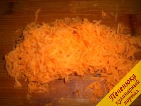 2) На мелкой терке потереть свежую морковку. Присыпать ее немного солью и молотым перцем.