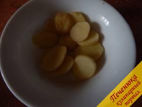 5) Молодой картофель почистить, помыть и порезать колечками 2-3 мм толщиной. Посыпать специями для картошки и перемешать.