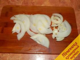 2) Репчатую луковицу очистить и порезать полукольцами средней толщины. Посыпать солью.