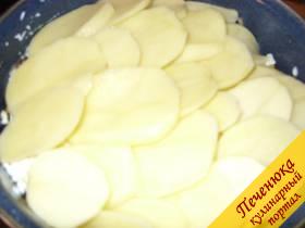 4) Картофель чистим, режем пластинками толщиной в 0,5 см и выкладываем слоем поверх горбуши, грибов, лука и яиц.