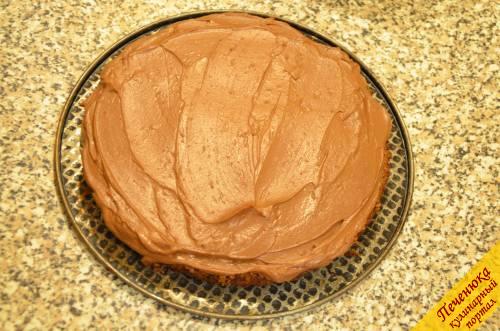 9) Шоколадный бисквит разрезать на два коржа. Выложить первый корж и смазать его кремом.