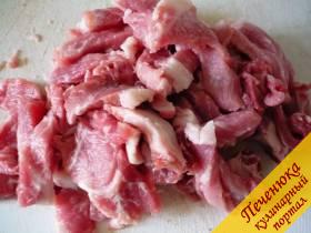 4) Теперь займемся мясом: промываем его, просушиваем, нарезаем тонко. Чем меньше вы нарежете полосочки мяса, тем быстрее приготовится подливка.