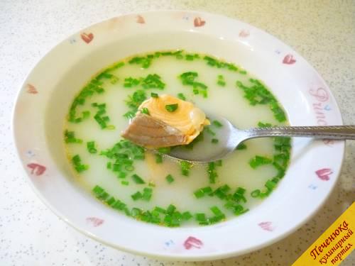 7) Разливаем по тарелкам. Нарезаем промытый зеленый лук мелко, посыпаем супчик. Приятного аппетита! 