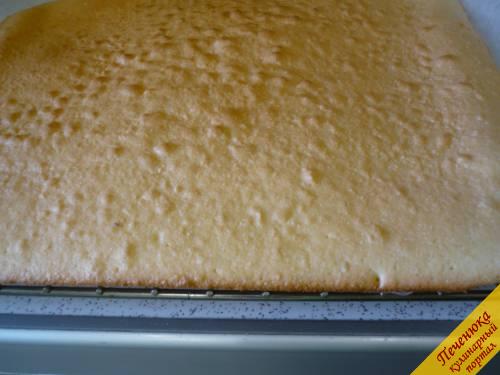 6) Духовку разогреваем до 200 градусов. Отправляем противень в духовку. Через 15 минут бисквит на скорую руку будет готов. Перекладываем его прямо с бумагой на решетку и даем ему остыть. После его полного остывания бумага снимается и бисквитное полотно можно использовать по назначению, то есть нарезать его, пропитывать сиропом, смазать кремом и формировать торт. 