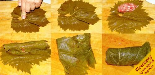 5) На фото изображено, как формируется долма из виноградных листьев. Я отрезаю черешок, расправляю лист, на один край кладу фарш, делаю один оборот листа вокруг фарша, оба края подворачиваю на середину, и получается вот такой 